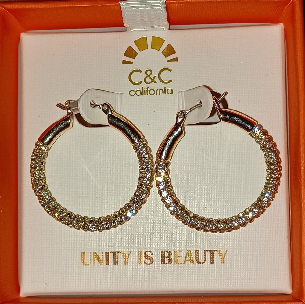 C & C CRYSTAL RHINESTONES HOOP HOOPS GOLD PLATED E